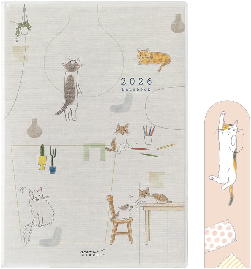 Midori 22373006 Pocket Diary, 2026, Weekly Limited Edition, Includes Bookmark, Cat Pattern (Begins January 2026)