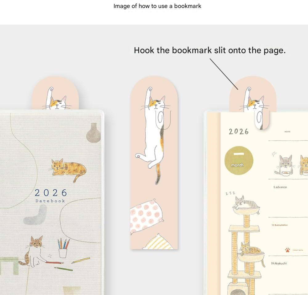 Midori 22373006 Pocket Diary, 2026, Weekly Limited Edition, Includes Bookmark, Cat Pattern (Begins January 2026) - Image 8